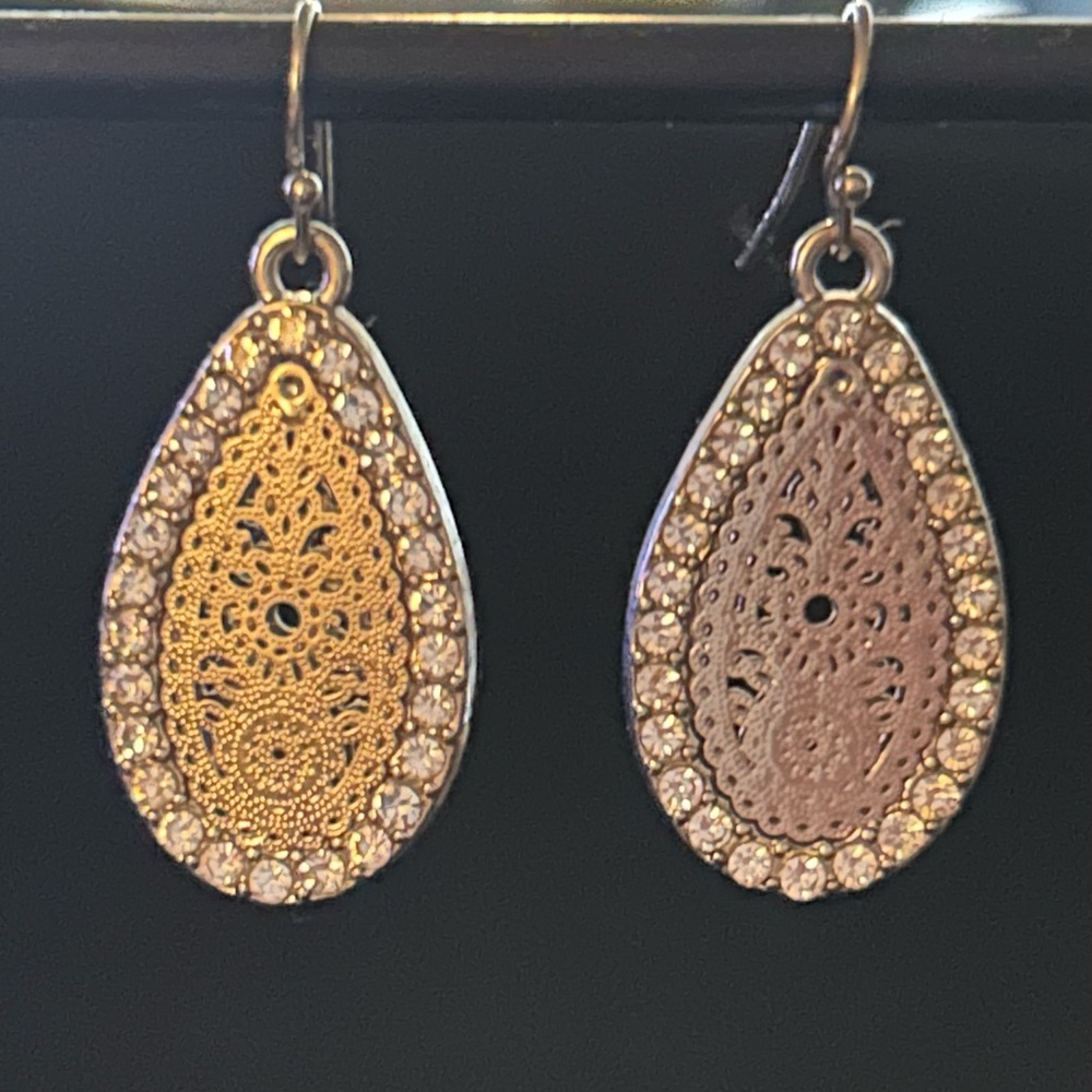 Sterling silver, CZ diamond rim, teardrop earrings, new